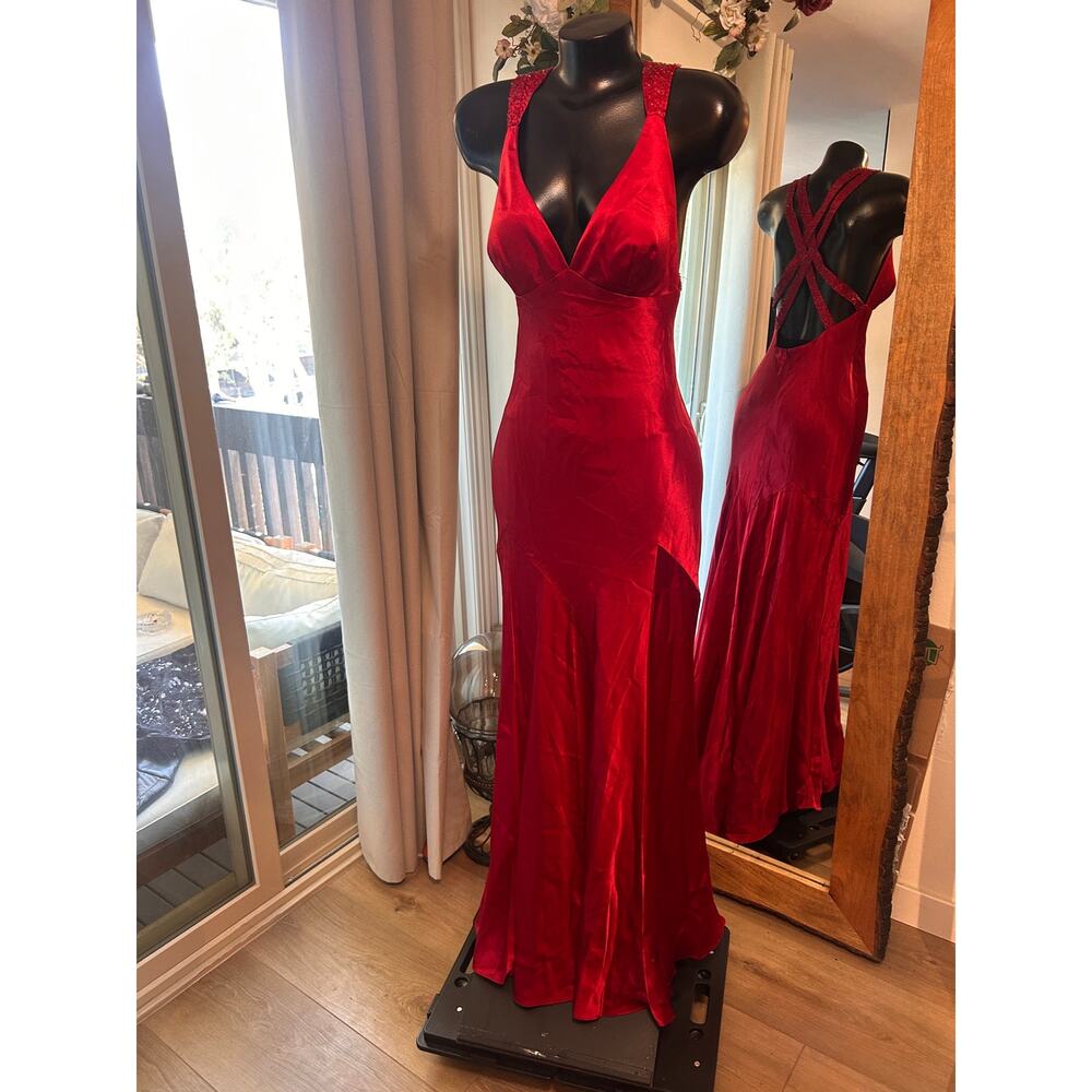 Vintage 90s Y2K Niki Livas Red Liquid Satin Halter Gown Sz 10 MSRP $200